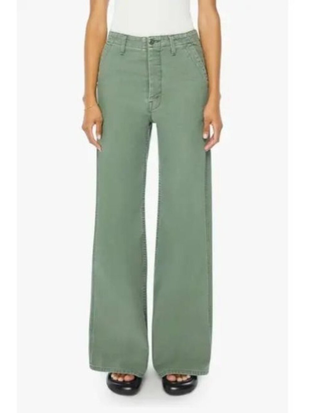MOTHER The Major Roller Sneak Women High Waist Wide Leg Pants Green Sz 27 / US 4